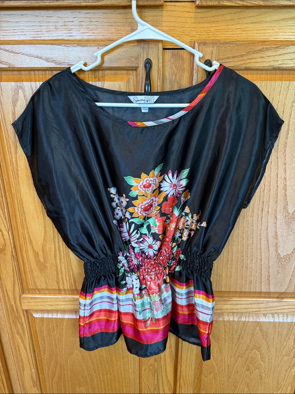 42 Speckless Black Floral Stripe Smocked Waist Blouse Medium Satin Look Top